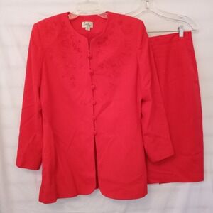 Emily Skirt Suit Size 12 Bright Red 2 Piece Floral Embroidered Vintage AS IS